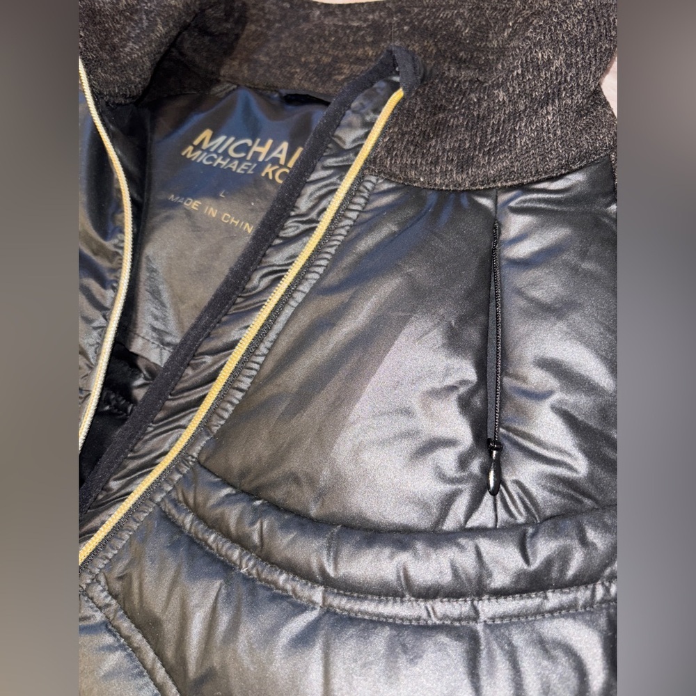 Michael Kors Black brown Hi low down Puffer Jacket with Gold MK Accents - Picture 11 of 16